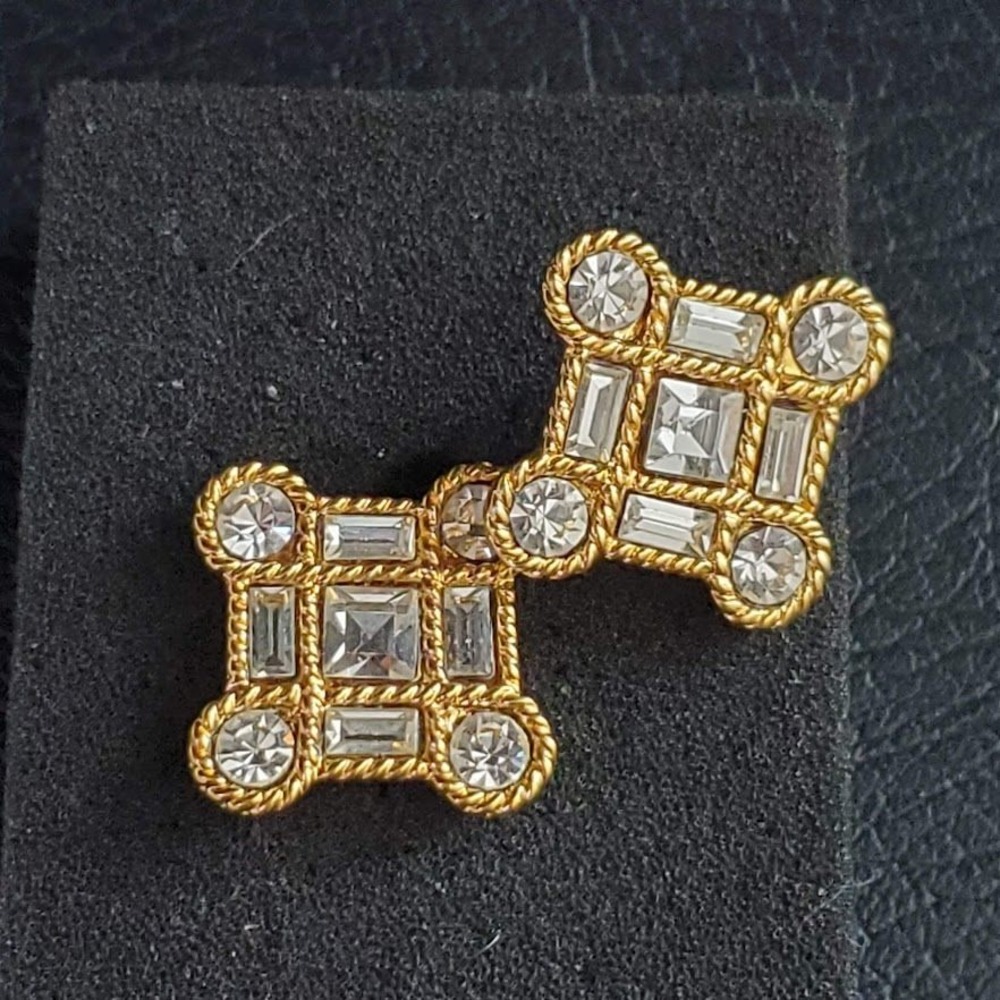 Napier Vintage Gold Tone Square Crystal Rhinestone Post Stud Earrings Geometric